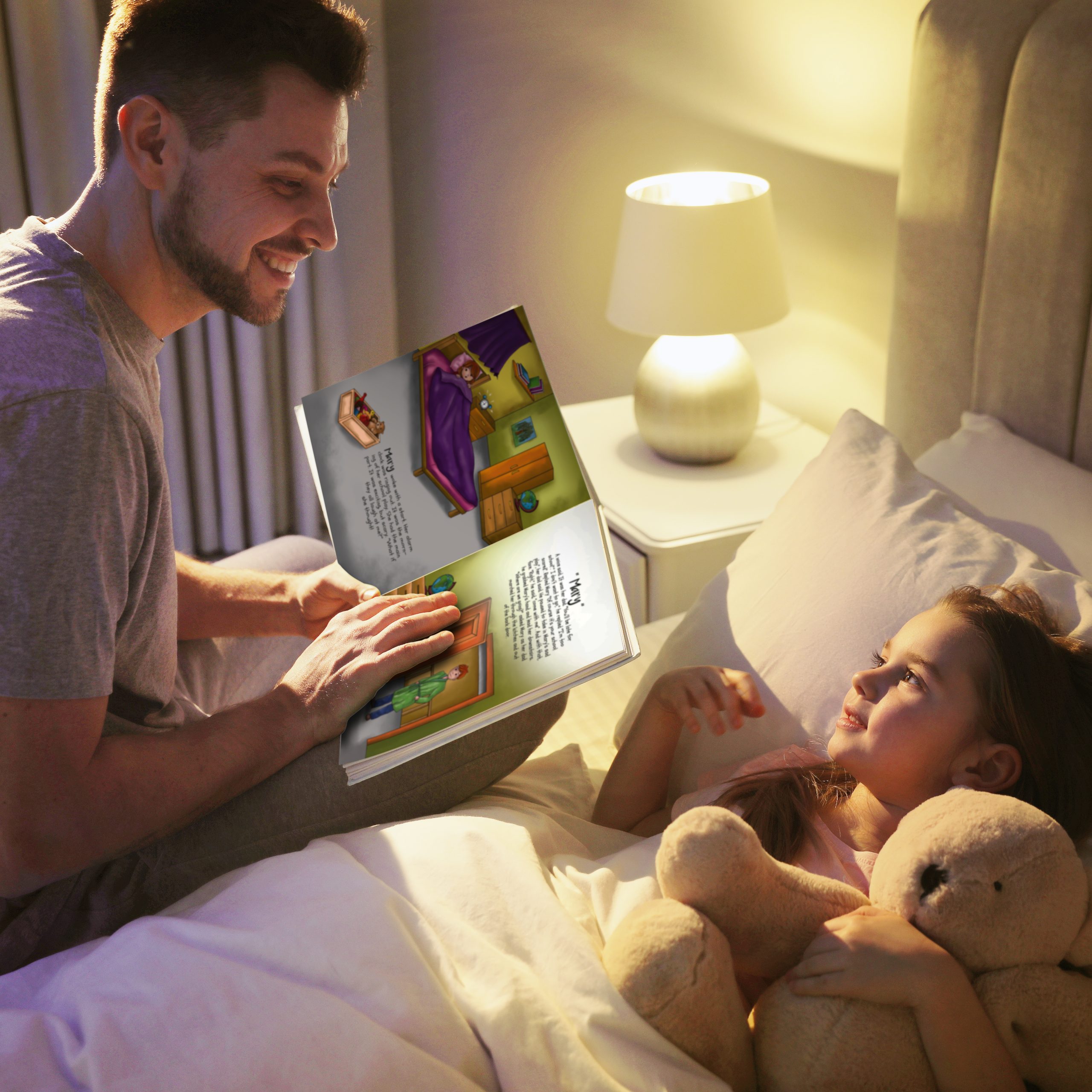 Father reading bedtime story to his daughter at home